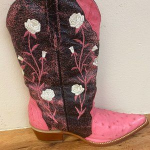 Womens Western Boots PINK OSTRICH White Diamond Genuine Leather Size 8